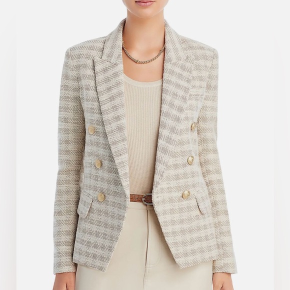 L’AGENCE Kenzie Double Breasted Blazer Shoulder Pads Ecru-Gold Check 16 NWT - Picture 3 of 13